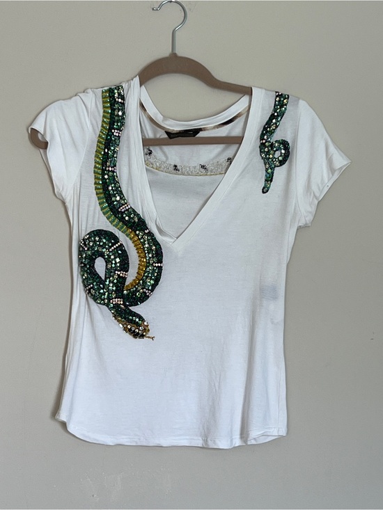 Roberto Cavalli Tops - Roberto Cavalli Archival White Tee Beaded Sequin Serpent embroidered Tshirt Sz S
